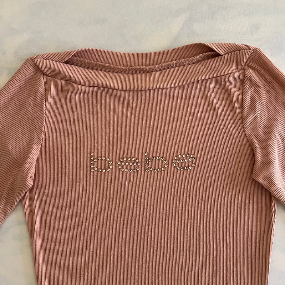 Bebe Pink Rhinestone Ribbed 3/4 Sleeve Top - Picture 3 of 5